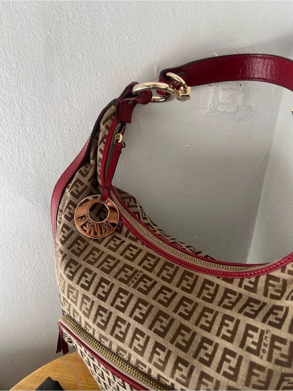 BNWOT vintage Fendi Zucchino FF Brown Monogram canvas Chef hobo bag Red Dust bag